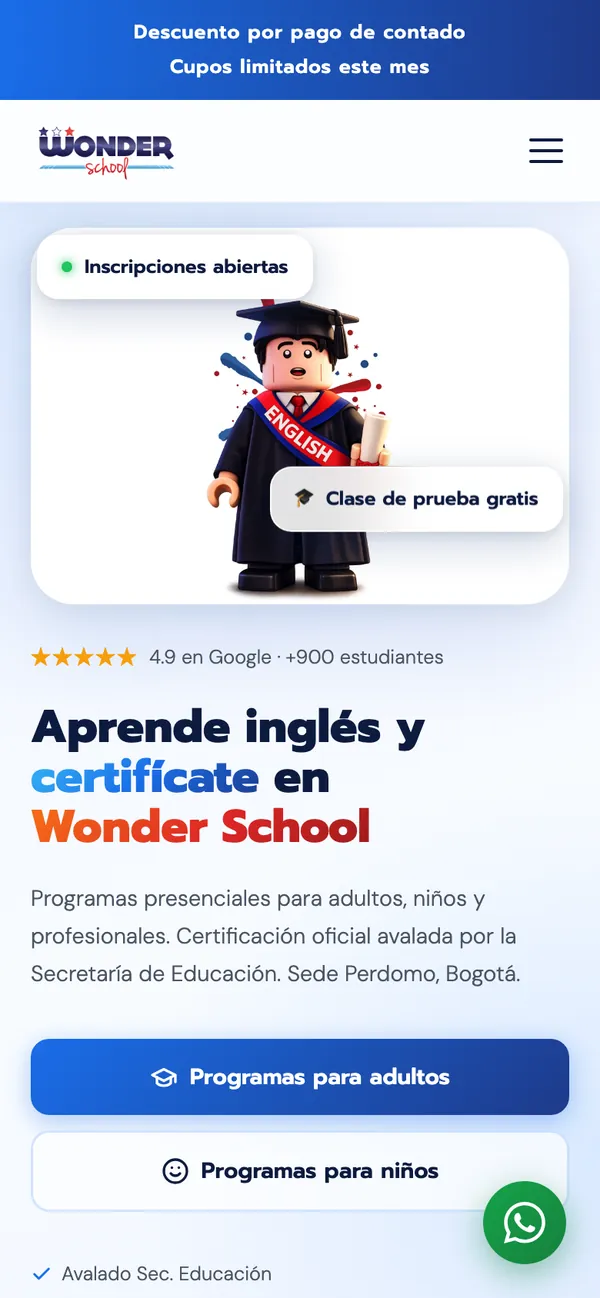 Web de Wonder School en celular